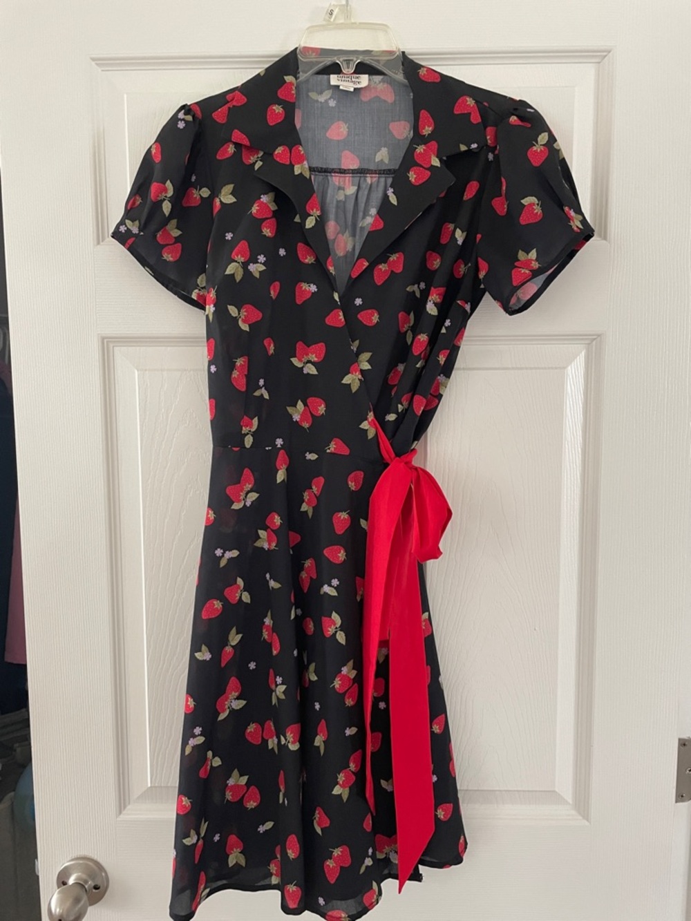 Unique Vintage navy Strawberry-Print Wrap Mini Dress with Red Tie